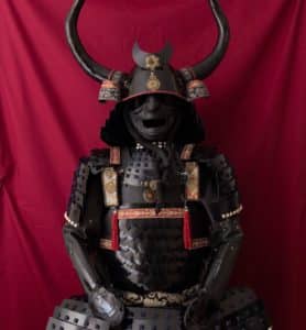 black samurai armor, with scales, with bull horns, used by Bushido warriors