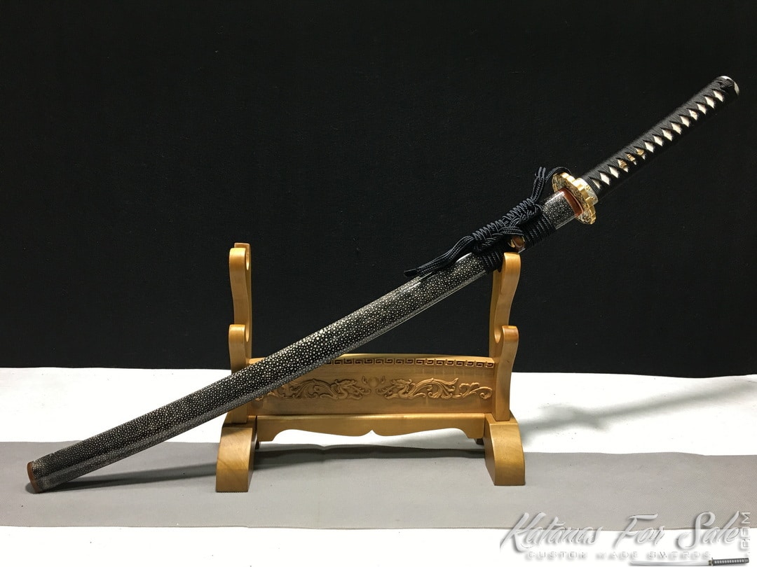 Japanese Custom Samurai Katana Blade with Full Authentic Black Ray Skin Saya with Buffalo Horn